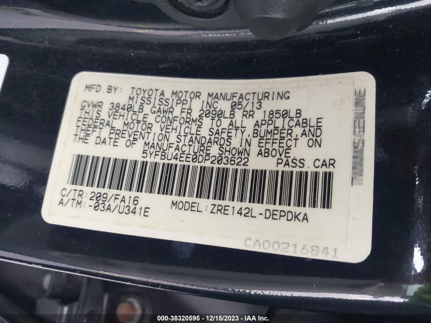 2013 TOYOTA COROLLA L - 5YFBU4EE0DP203622