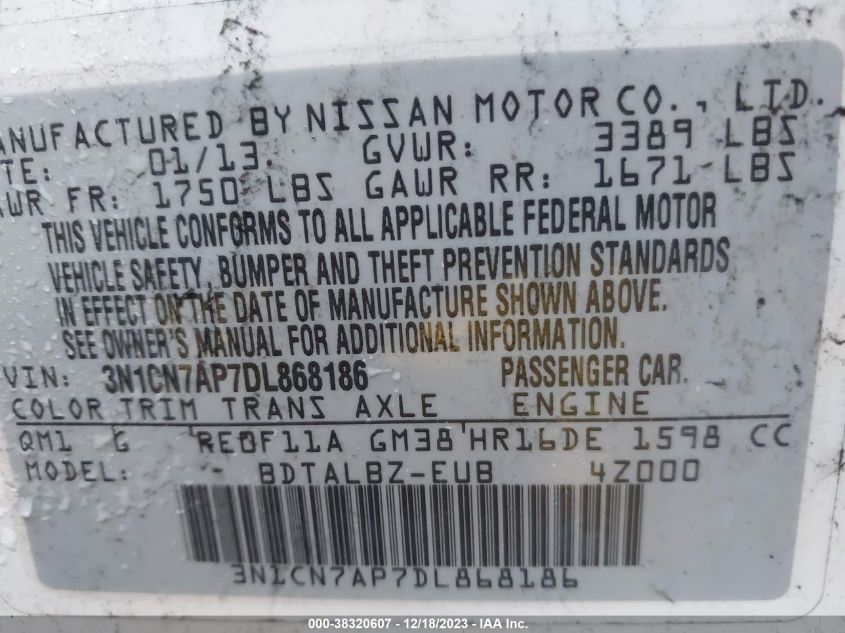2013 NISSAN VERSA 1.6 SV - 3N1CN7AP7DL868186
