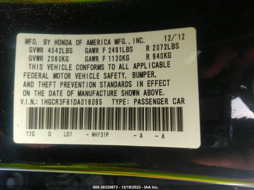 2013 HONDA ACCORD EX-L V-6 - 1HGCR3F81DA016095