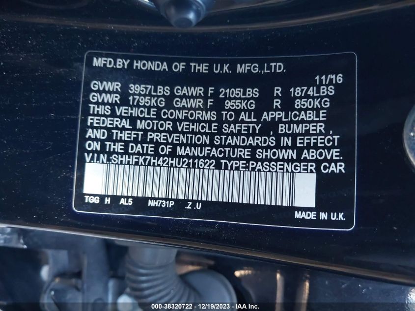 2017 HONDA CIVIC - SHEFK7H42HU211622