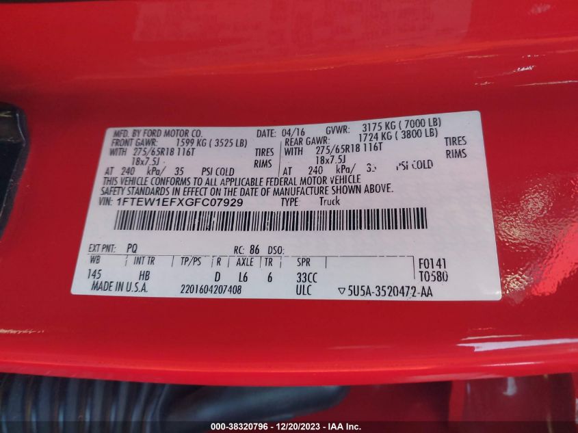 2016 FORD F-150 LARIAT - 1FTEW1EFXGFC07929