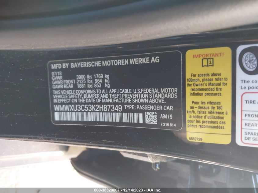 2019 MINI HARDTOP COOPER S - WMWXU3C53K2H87349