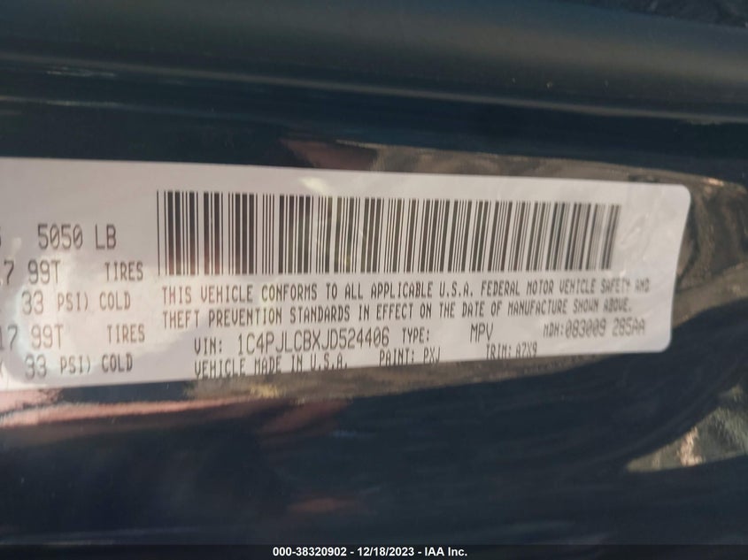 VIN 1C4PJLCBXJD524406 2018 JEEP CHEROKEE LATITUDE