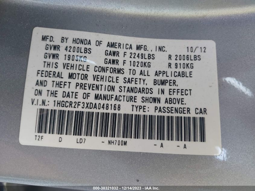 2013 HONDA ACCORD LX - 1HGCR2F3XDA048168