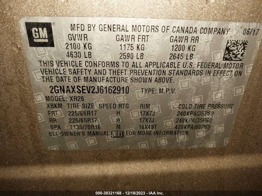 VIN 2GNAXSEV2J6162910 2018 CHEVROLET EQUINOX LT