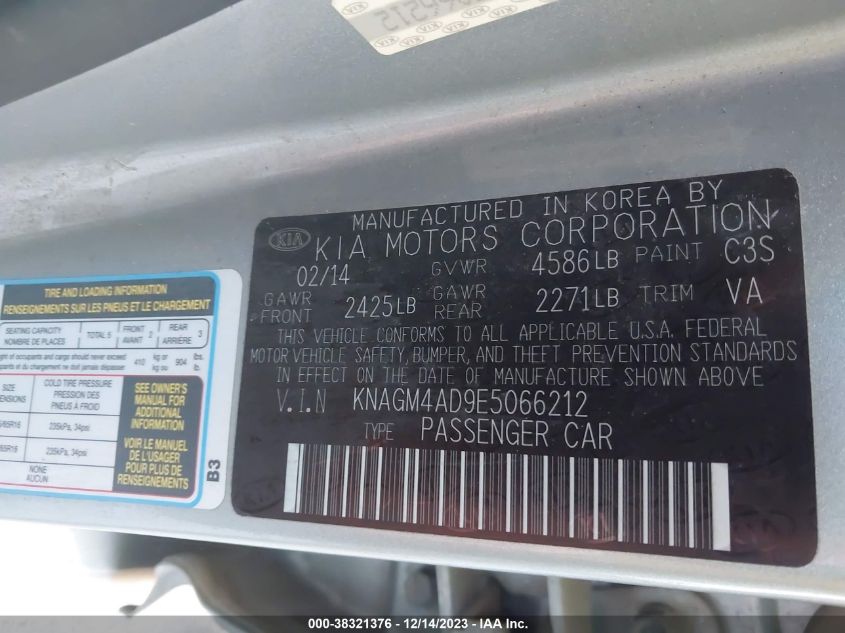 2014 KIA OPTIMA HYBRID LX - KNAGM4AD9E5066212