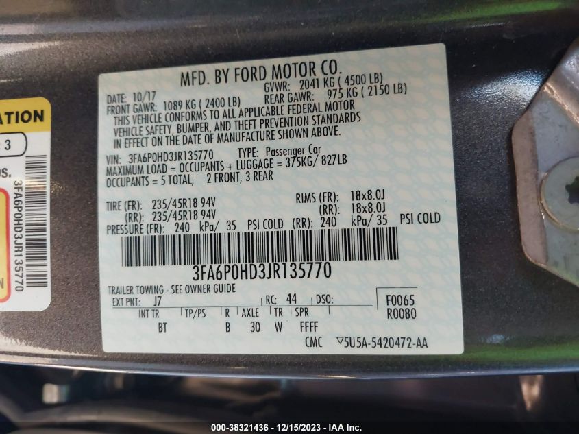 2018 FORD FUSION SE - 3FA6P0HD3JR135770