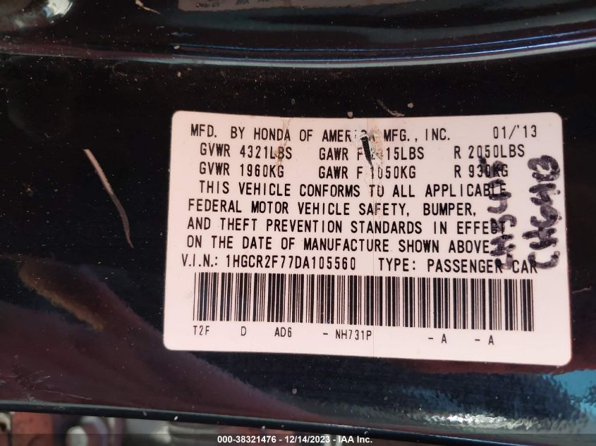 2013 HONDA ACCORD EX - 1HGCR2F77DA105560