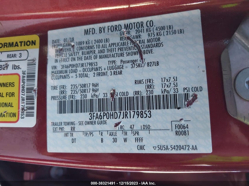 VIN 3FA6P0HD7JR179853 2018 FORD FUSION SE