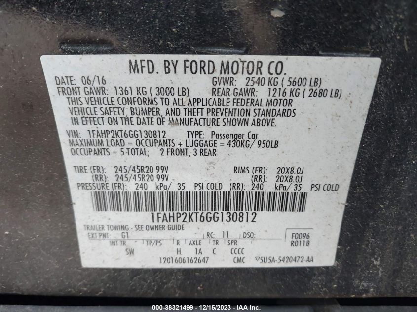 2016 FORD TAURUS SHO - 1FAHP2KT6GG130812