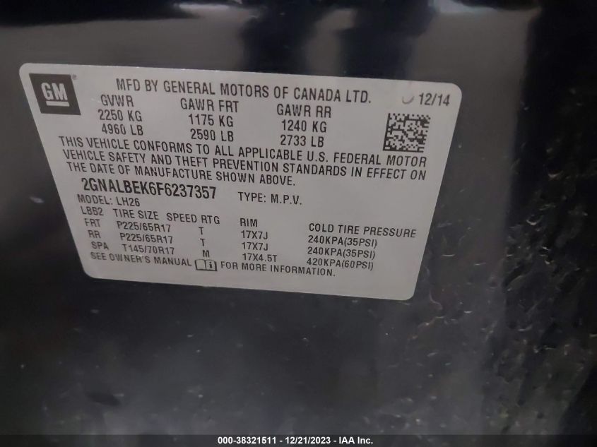 2015 CHEVROLET EQUINOX 1LT - 2GNALBEK6F6237357
