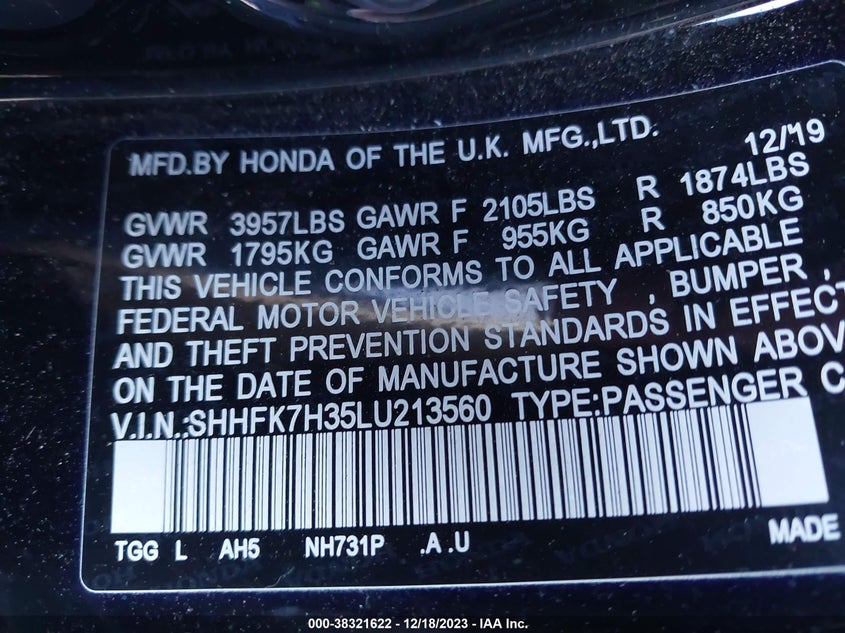 VIN SHHFK7H35LU213560 2020 HONDA CIVIC LX