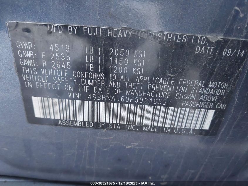 2015 SUBARU LEGACY 2.5I LIMITED - 4S3BNAJ60F3021652