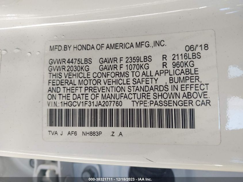 2018 HONDA ACCORD SPORT - 1HGCV1F31JA207760