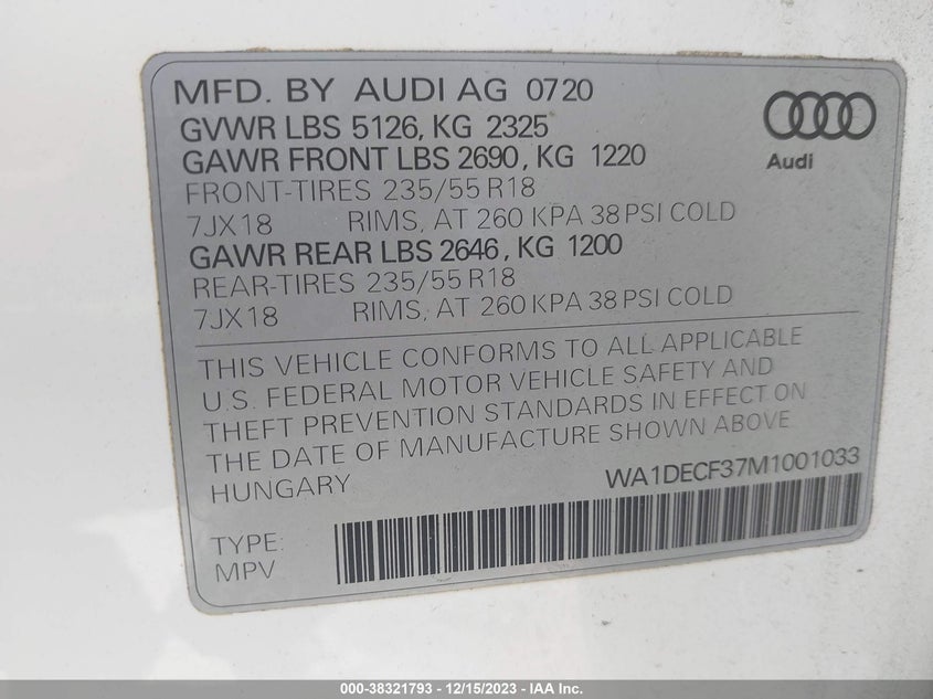 VIN WA1DECF37M1001033 2021 AUDI Q3 PREMIUM 45 TFSI S LINE QUATTRO TIPTRONIC