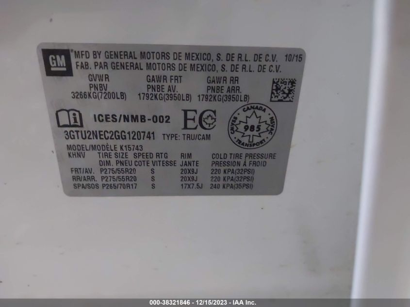 2016 GMC SIERRA 1500 SLT - 3GTU2NEC2GG120741