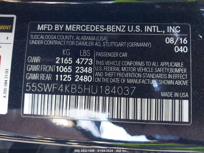 2017 MERCEDES-BENZ C 300 4MATIC/LUXURY 4MATIC/SPORT 4MATIC - 55SWF4KB5HU184037