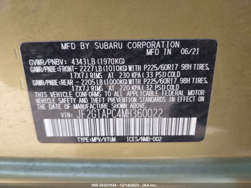 VIN JF2GTAPC4MH360022 2021 SUBARU CROSSTREK PREMIUM