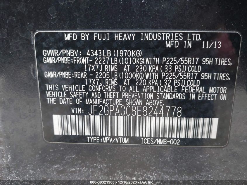 2014 SUBARU XV CROSSTREK 2.0 LIMITED - JF2GPAGC8E8244778