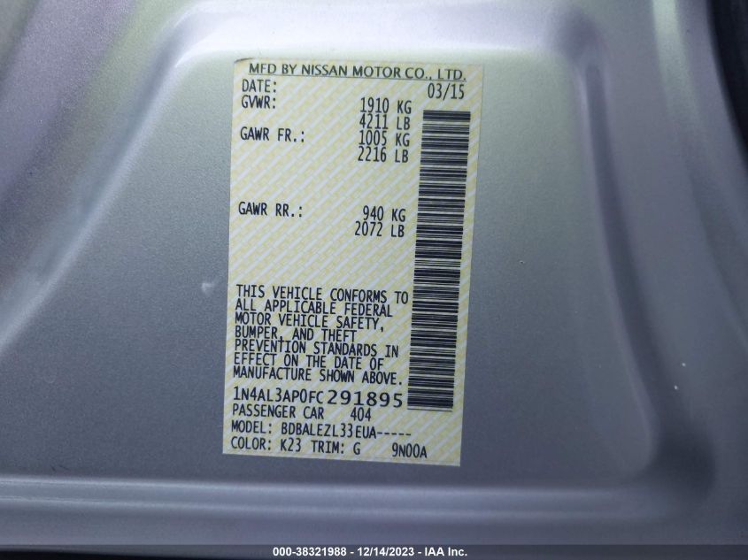 2015 NISSAN ALTIMA 2.5 S - 1N4AL3AP0FC291895