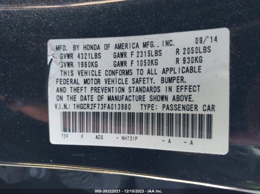2015 HONDA ACCORD EX - 1HGCR2F73FA013980