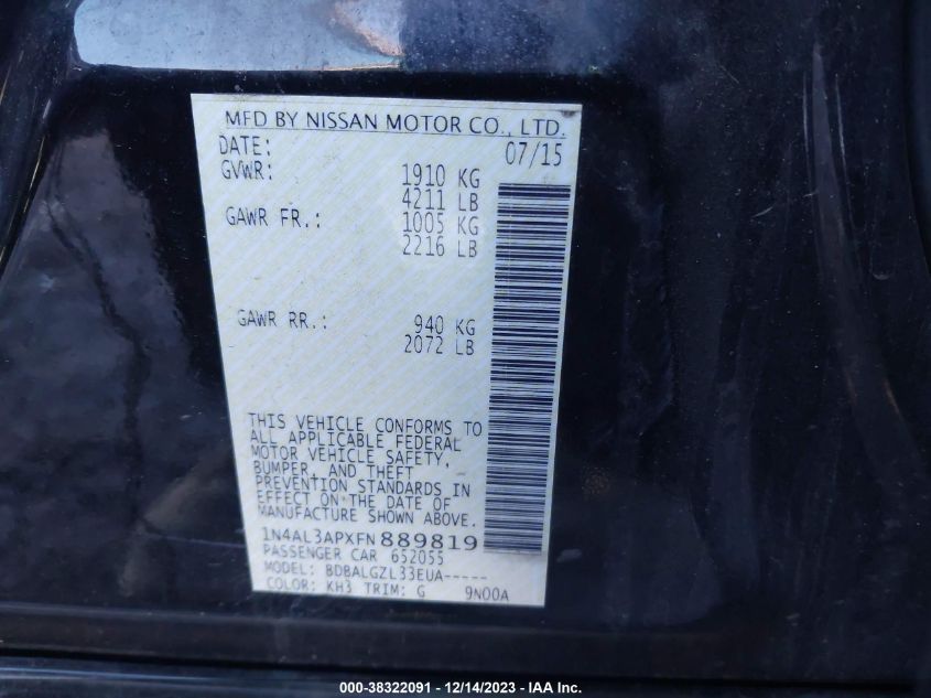2015 NISSAN ALTIMA 2.5/2.5 S/2.5 SL/2.5 SV - 1N4AL3APXFN889819