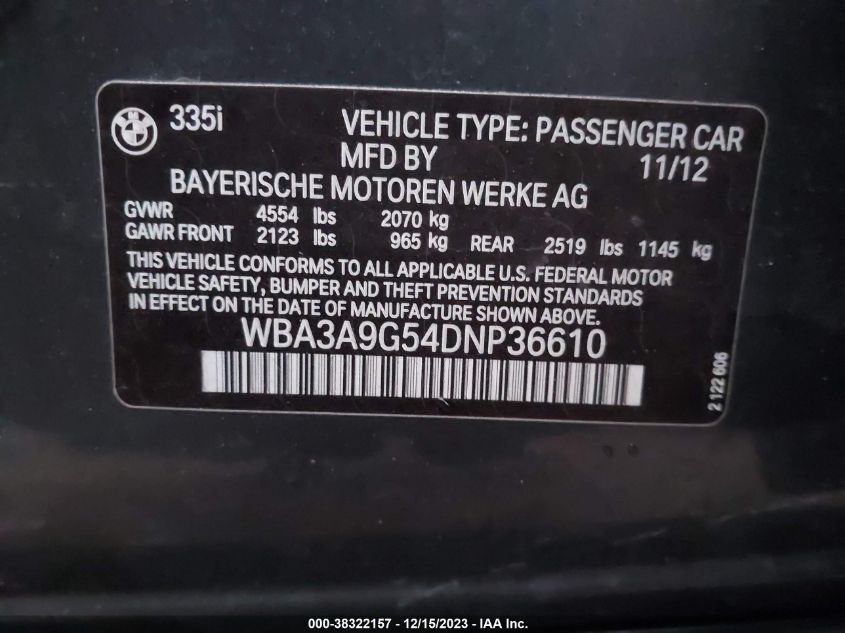 2013 BMW 335I WBA3A9G54DNP36610