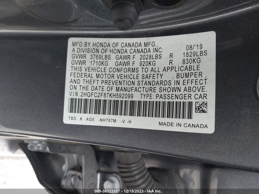VIN 2HGFC2F87KH592099 2019 HONDA CIVIC SPORT
