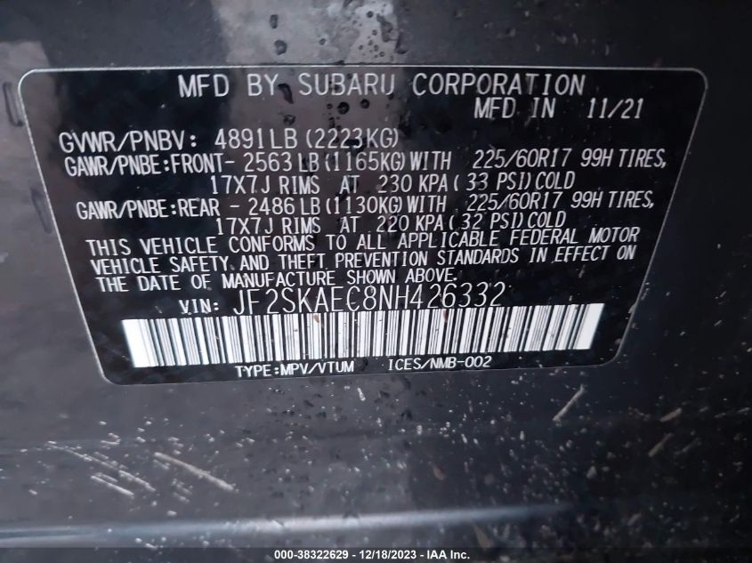 2022 SUBARU FORESTER PREMIUM - JF2SKAEC8NH426332