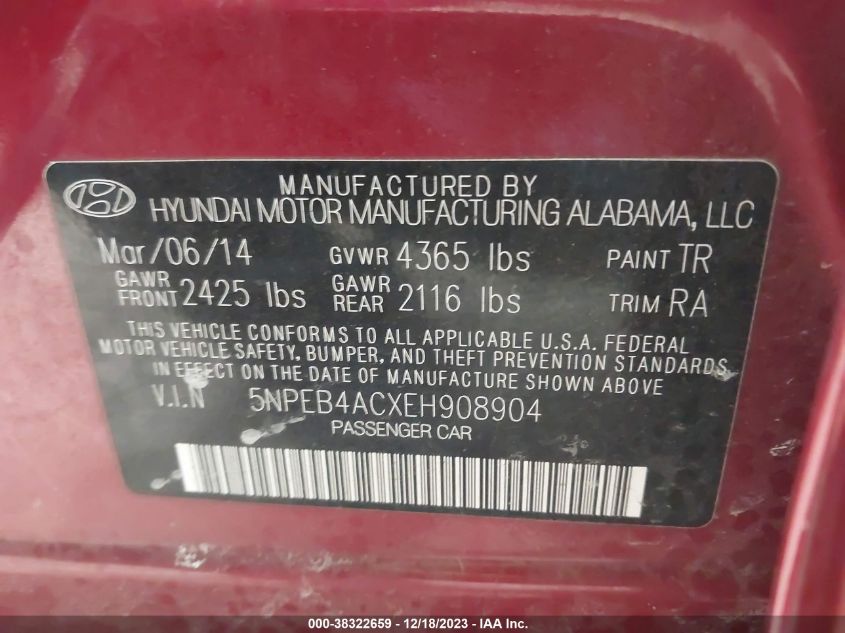 2014 HYUNDAI SONATA GLS - 5NPEB4ACXEH908904