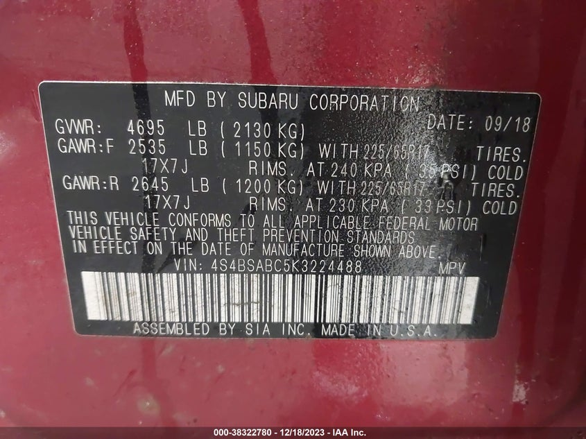 VIN 4S4BSABC5K3224488 2019 SUBARU OUTBACK 2.5I