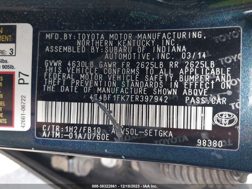 2014 TOYOTA CAMRY XLE - 4T4BF1FK7ER397942