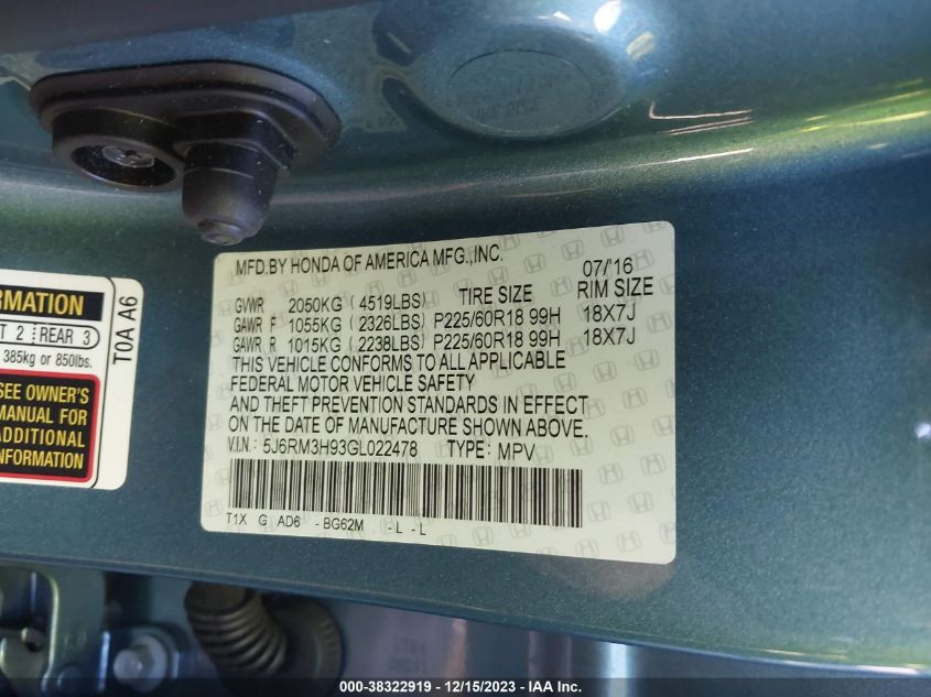 2016 HONDA CR-V TOURING - 5J6RM3H93GL022478