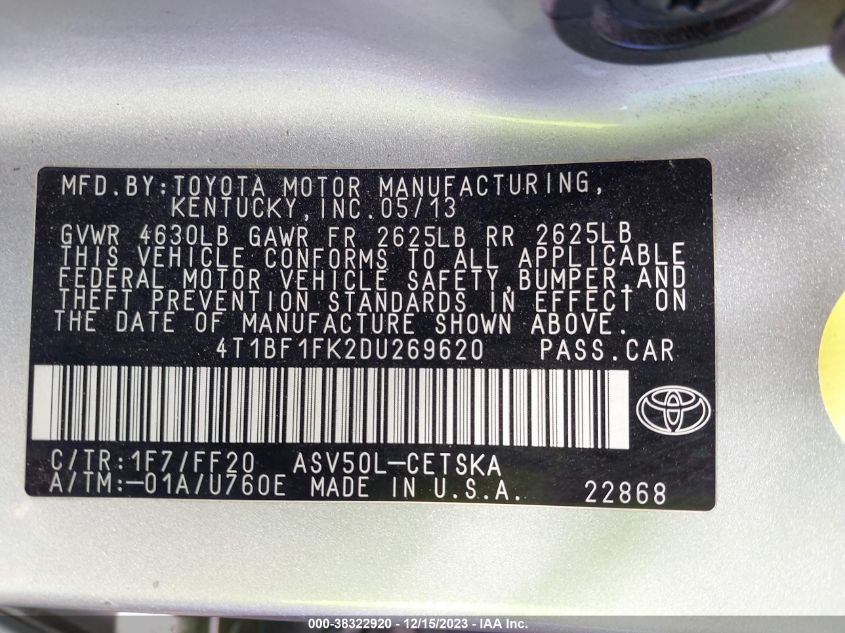 2013 TOYOTA CAMRY L/SE/LE/XLE - 4T1BF1FK2DU269620