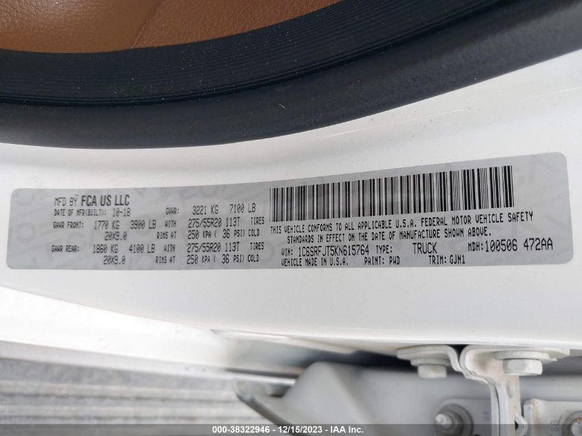 2019 RAM 1500 LARAMIE - 1C6SRFJT5KN615764