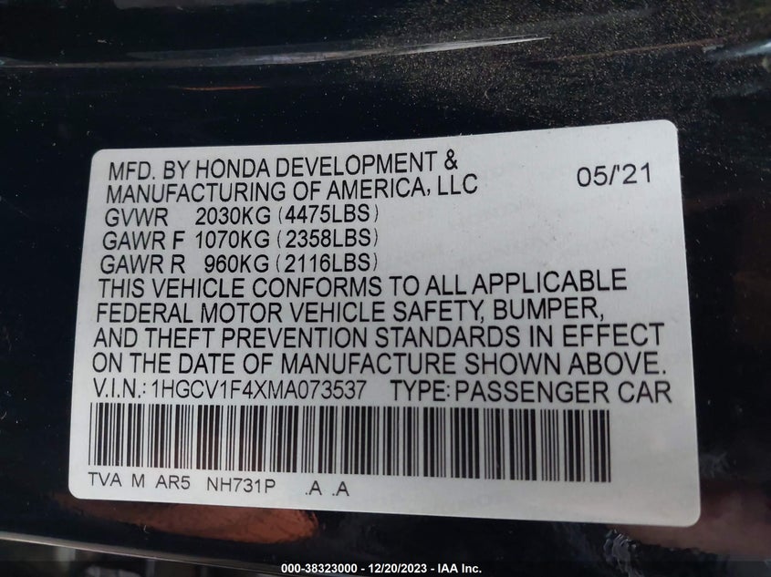 VIN 1HGCV1F4XMA073537 2021 HONDA ACCORD SPORT SPECIAL EDITION