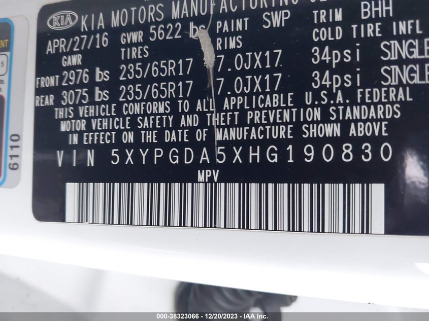 VIN 5XYPGDA5XHG190830 2017 KIA SORENTO LX/L