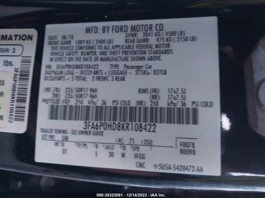 3FA6P0HD8KR108422 2019 FORD FUSION, photo no. 9