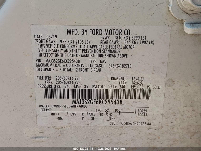 VIN MAJ3S2GE6KC295438 2019 FORD ECOSPORT SE