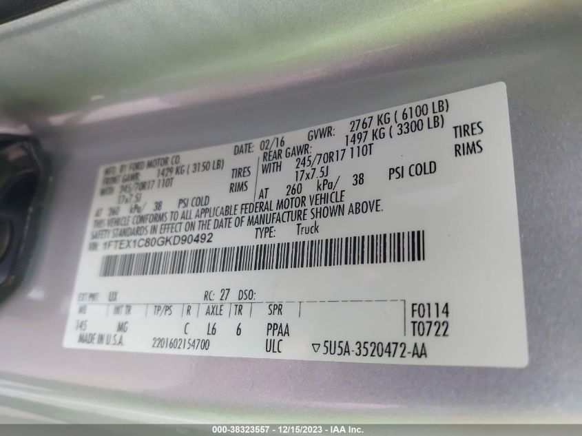 2016 FORD F-150 XLT - 1FTEX1C80GKD90492