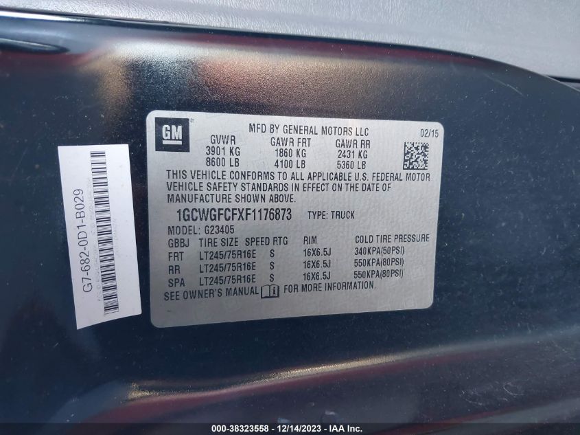 2015 CHEVROLET EXPRESS 2500 WORK VAN 1GCWGFCFXF1176873