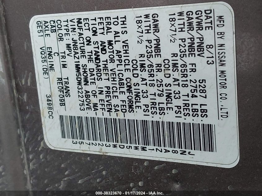 2013 NISSAN MURANO SL - JN8AZ1MW5DW322753