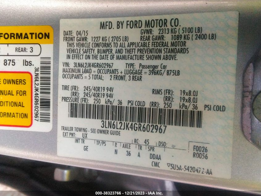 2016 LINCOLN MKZ - 3LN6L2JK4GR602967