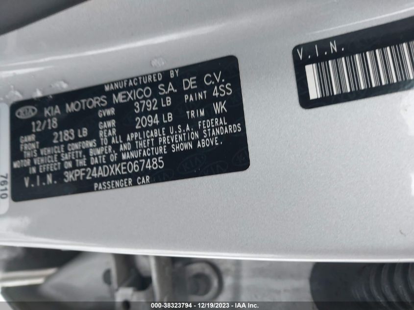 2019 KIA FORTE FE/LX/LXS - 3KPF24ADXKE067485