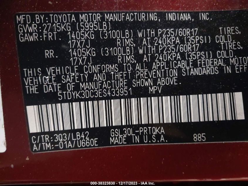 2014 TOYOTA SIENNA XLE V6 8 PASSENGER - 5TDYK3DC3ES433951