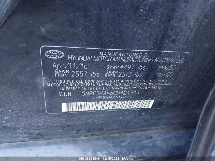 5NPE24AF8GH424548 | 2016 HYUNDAI SONATA