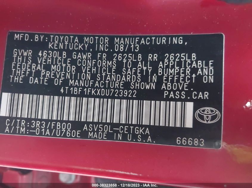 2013 TOYOTA CAMRY L/SE/LE/XLE - 4T1BF1FKXDU723922