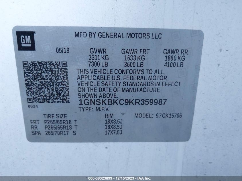 2019 CHEVROLET TAHOE SPECIAL - 1GNSKFKC9KR359987