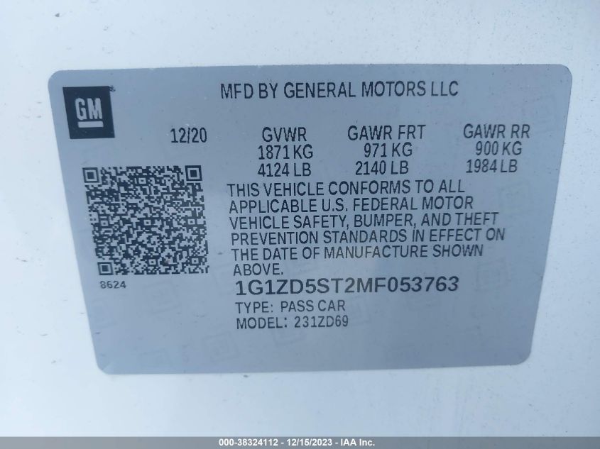 2021 CHEVROLET MALIBU FWD LT - 1G1ZD5ST2MF053763