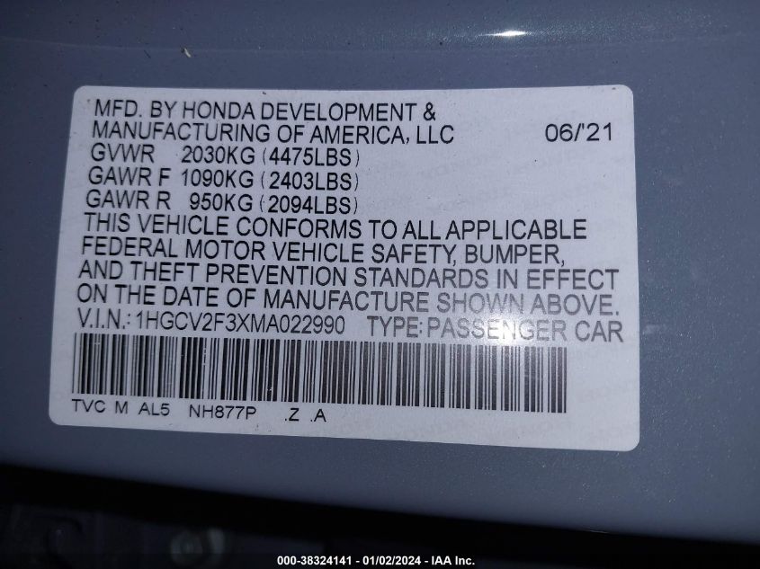 2021 HONDA ACCORD SPORT - 1HGCV2F3XMA022990